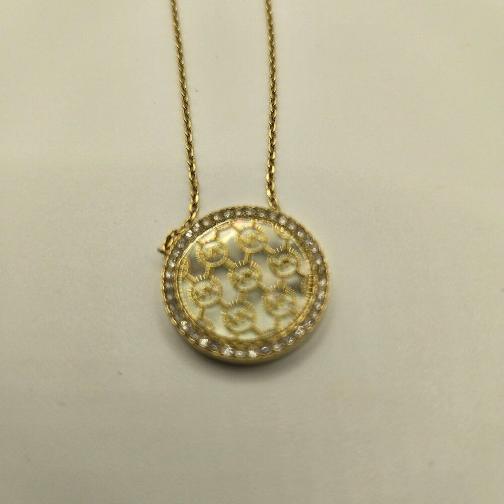 Michael Kors Gold Tone Pave Monogram Mother of Pearl Necklace - Picture 3 of 7